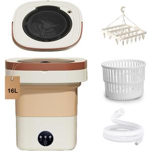 Portable Washing Machine 16L Foldable Mini Washer with Drying Rack,Spin Basket,Top Fill Port,Water Inlet Hose&Drainage PipeCompact Collapsible Laundry Set for Small Clothes,Apartments,Dorms,Travel&RV (Khaki)