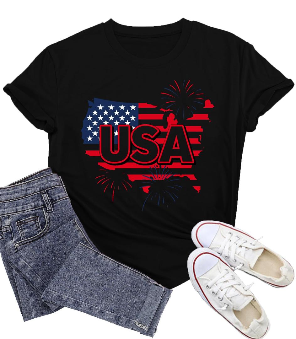 Wlen 4th of July Shirts for Women USA T-Shirt American Flag Patriotic Tee Tops (Black, L)