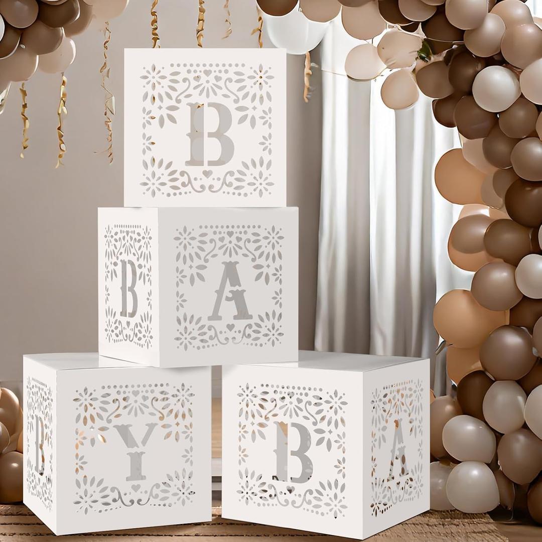 4 Pcs Cielito Lindo Baby Shower Party Decorations Mexican Papel Picado Baby Boxes with Letters Mexican Fiesta Blocks Boxes Decor for Gender Reveal Birthday Fiesta Photo Props(White)