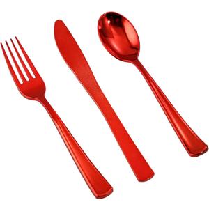 NOCCUR 180PCS Red Plastic Silverware Set - Red Flatware Set Heavy Duty - Include 60 Forks, 60 Spoons, 60 Knives - Ideal for Christmas Party