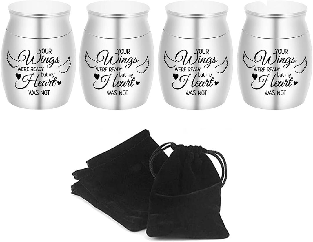 4 Pieces Small Keepsake Urns for Human Ashes Mini Cremation Urns for Memorial Ashes Holder-Your Wings were Ready, But My Heart was Not (4 pcs Silver urn - Your are Wings)