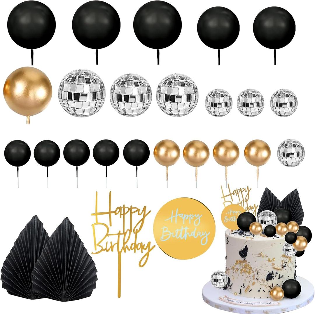 MEMOVAN 25pcs Man Cake Topper Disco Ball Cake Topper Black & Gold Balls Palm Leaves Black Gold Boho Cake Decorations for Man Boy Bohemian Black Theme Wedding Baby Shower Birthday Party