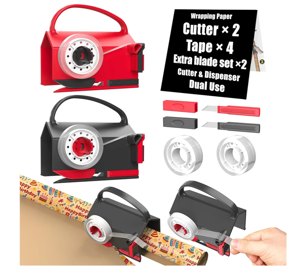 (2-Pack) Wrapping Paper Cutter & Tape Dispenser Dual Use with 4 Tapes，2 Replace Blades Kit for Christmas Gift Wrap Cutter Tool Paper Roll Holder Tube Sliding Slicing for Birthday Holiday.