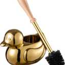 Duck Toilet Brush and Holder Set - Ceramic Bathroom Toilet Scrubber Brush Organizer with Wooden & Stainless SteelHandle, Gold Toilet Brush & Cute Duck Design for Bath Decor Storage