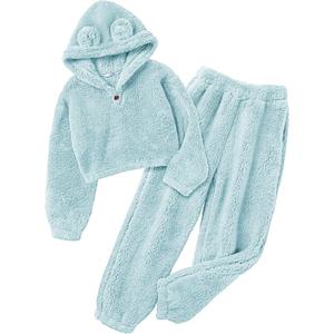 Arshiner Girls 2 Piece Outfits Sweatsuit Fuzzy Long Sleeve Bear Ear Hoodie Sweatshirt and Sweatpant Kids Clothing Sets (12-13Y, Light Blue)