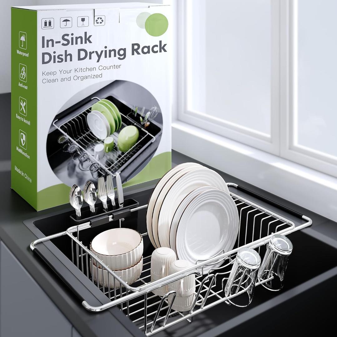 Over the Sink Expandable Dish Drainer Drying Rack In Stainless Steel for Small Kitchen, Counter Space Saving Modern Compact Metal Above Plate Dryer Strainer, Adjustable Hanging Inside Drain Holder (Silver)