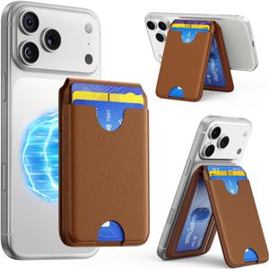 2025 Upgraded for MagSafe Wallet, 5 Card Holder, RFID Blocking, Magnetic Wallet for iPhone with Adjustable Stand, Slim for iPhone 17/16/15/14/13/12 Series, Not for 13/12 Mini, Vegan Leather, Brown