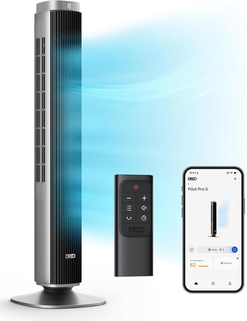 DREO Tower Fan for Bedroom, Standing Oscillating Fan with 40ft Far Airflow, 20dB Quiet, 12 Speeds, 28ft/s Velocity, Smart Control, DC Motor, 42 inch, 90 Oscillation, 4 Modes, 12H Timer, Pilot Pro S