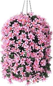 Artificial Faux Hanging Outdoor Plants Flowers Basket for Summer Autumn Decoration, Fake Silk Realistic UV Resistant Pink Long Vines Planter for Outside Home Porch Patio Balcony Yard Decor