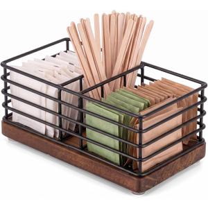 Geelin Sugar Packet Holder, Sugar Caddy, Farmhouse Metal Tea Bag Organizer, Stirrers Straws Small Condiments Packet Container for Coffee Bar, Kitchen Office Home 5.7" x 3.1" x 2.4"(Rustic Black)