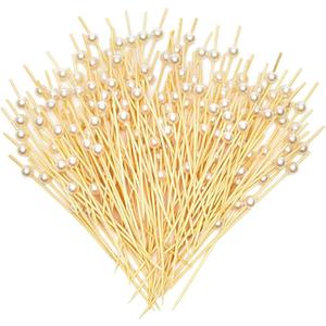 Okuna Outpost 150 Pack Bamboo Pearl Toothpicks for Food - Cocktail Picks for Fancy Appetizers and Party Decor - 4.7 Inch Decorative Food Picks (White Pearl)