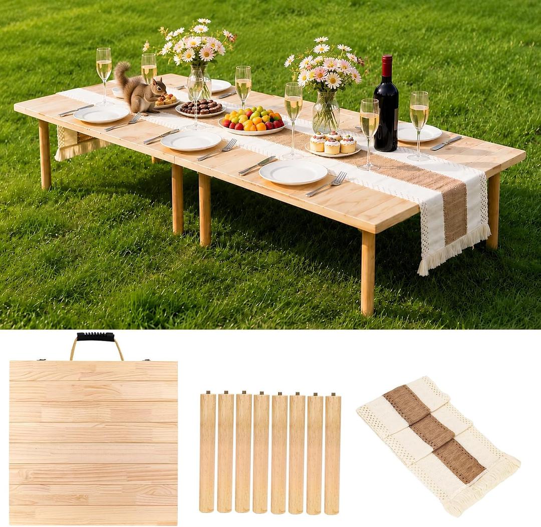 60" x 30" Boho Low Picnic Table, Portable Wooden Folding Picnic Table with Table Runner for Camping, Beach, Garden, Picnic, Party, Indoor & Outdoor Use, Seats 6-8 People, 8-Leg Design