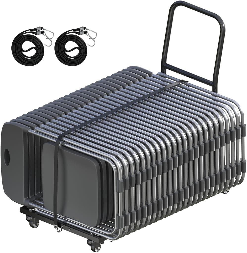 Adjustable Folding Chair Cart with Wheels & Two 78.7in Ropes, 300 LBS Capacity for 35 Chairs Heavy-Duty Folding Chair Dolly, Multi-Function Storage Cart for Party, Wedding, Meeting, Black