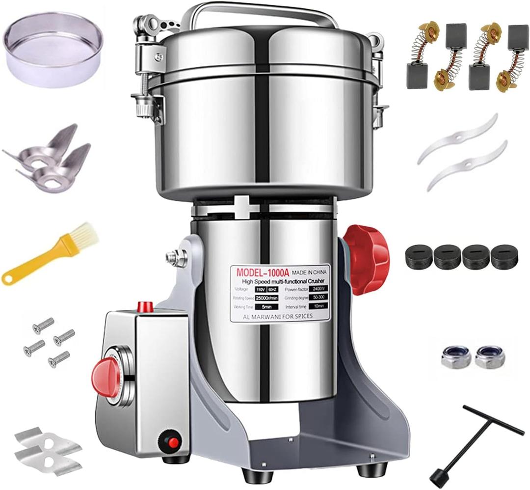 Electric Grain Grinder Mill 1000g High-speed Spice Herb Mill Commercial Powder Machine for Dry Cereals Grain Herb Spice Coffee Corn Bean (1000g Stand Type)