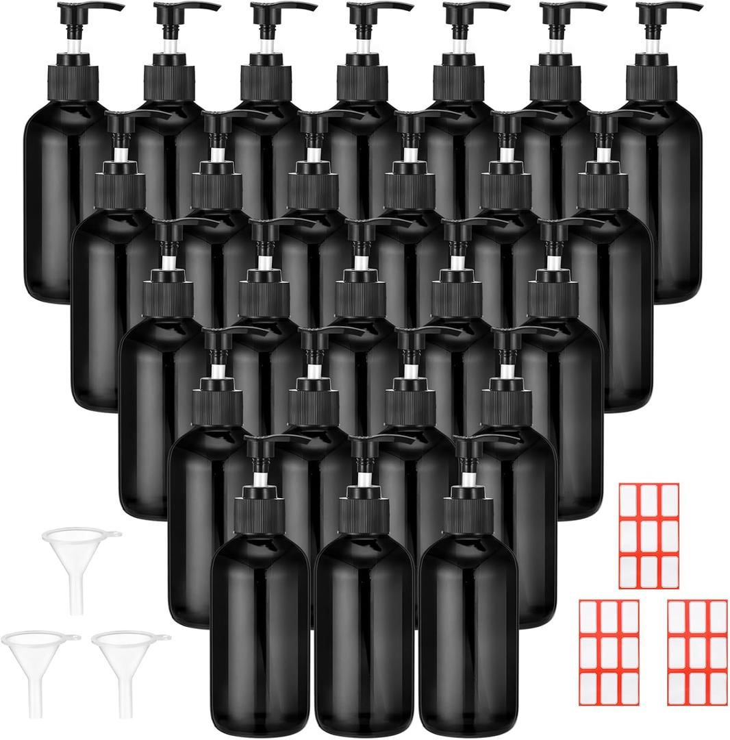 Tanlade 24 Pcs 8 oz Glass Pump Bottle Empty Bottle Glass Soap Dispenser with Pump Refillable Containers and Labels Funnels for Essential Oils Cleaning Products Lotions Conditioner (Black)