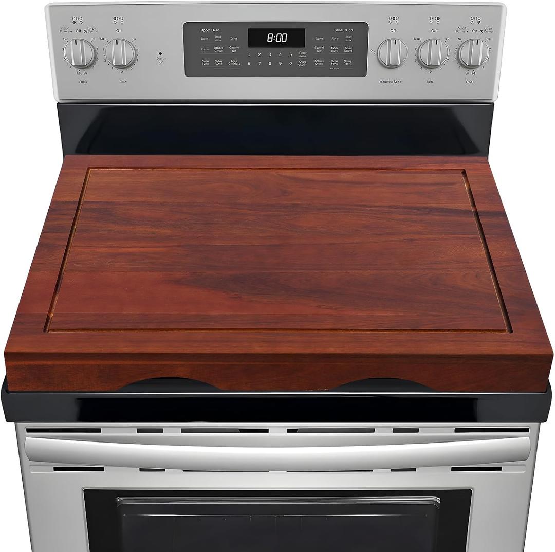 Acacia Wood Stove Top Cover - Electric & Gas Stove - 30"L x 22"W x 2.5"Th Raised Cutting Board with Adjustable Legs & Juice Grooves