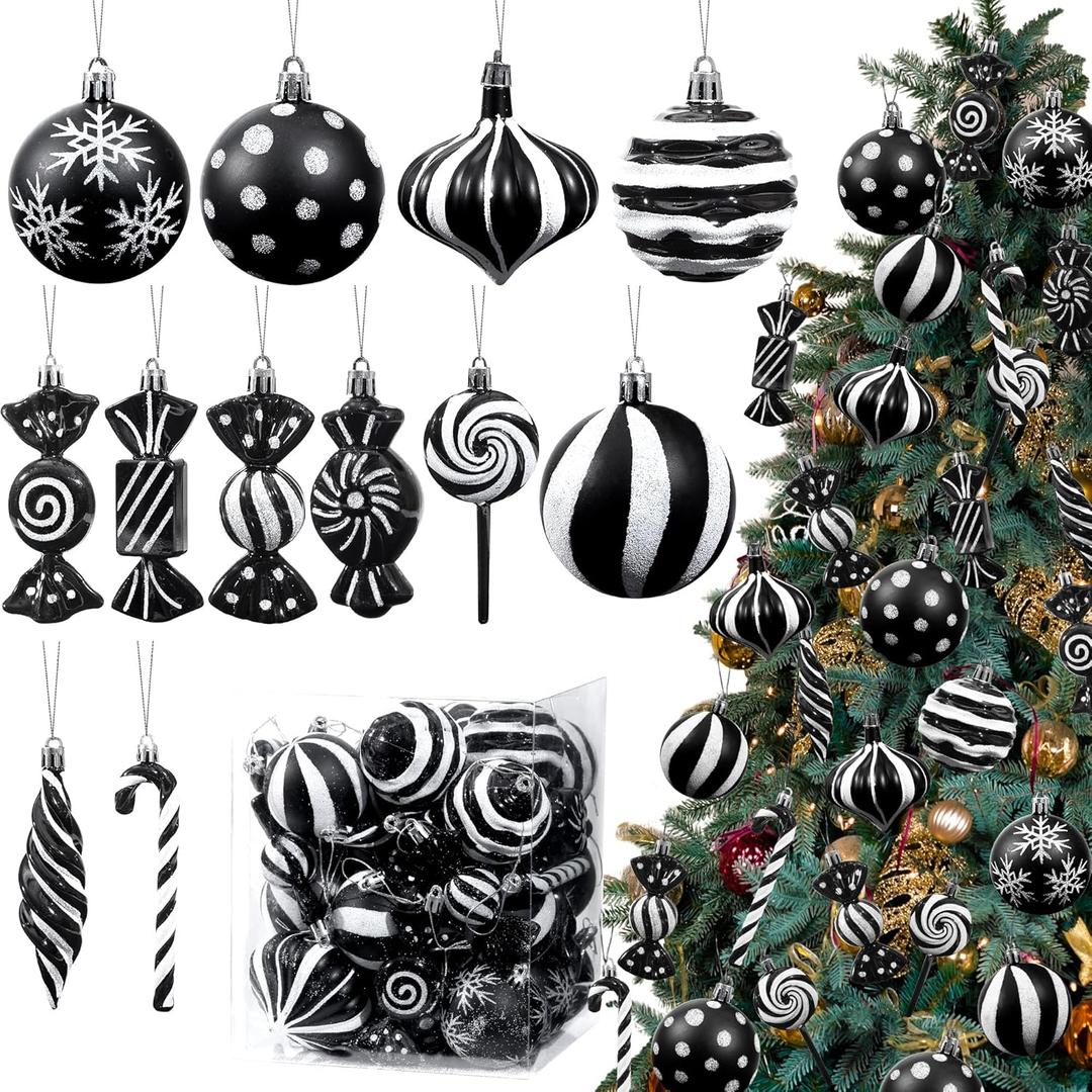 Christmas Candy Cane Lollipop Ornaments for Christmas Tree 48Pcs Xmas Plastic Peppermint Christmas Tree Hanging Ball Pendants for Xmas Party Indoor New Year Holiday Home Decorations (Black)