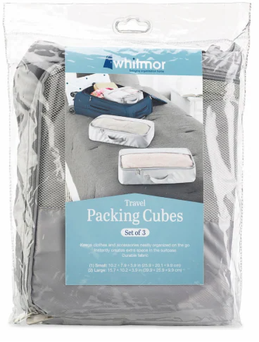 Whitmor Travel Storage Cubes, Dimensions: 1 Small cube 10.2 inches length x 7.9 inches width x 3.9 iches height, and 2 Large cubes 15.7 inches length x 10.2 inches width x 3.9 inches height