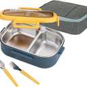 Lille Home 28oz Stainless Steel Leakproof 2-Compartment Bento Lunch Box/Portion Control Food Container with Lunch Bag and Cutlery Set, BPA Free (Blue)