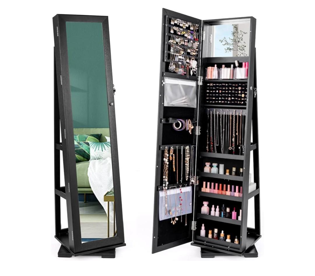 CHARMAID 360° Swivel Jewelry Armoire with Full Length Mirror, Standing Lockable Jewelry Cabinet Organizer, Large Storage Capacity, Inside Makeup Mirror, Back Storage Shelves (Black)