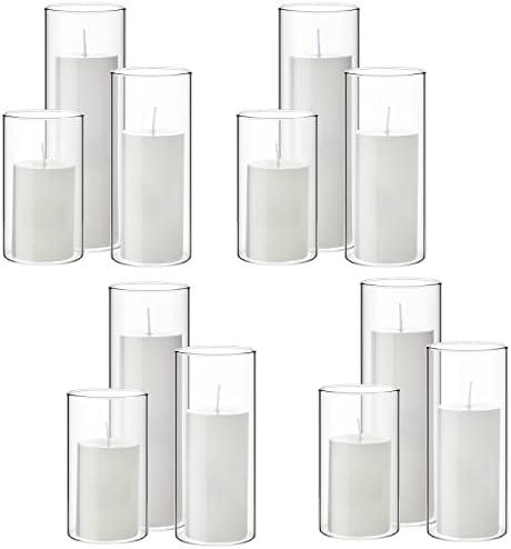 Shihanee Set of 12 Pillar Candles and Glass Cylinder Vases Clear Cylinder CandleHolders for Slim Pillar Candles Wedding Centerpieces(2.6'' X 4.7'', 5.9'', 7.9'',White)