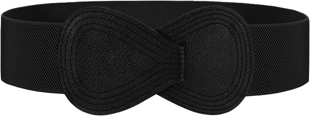 WHIPPY Women Wide Elastic Belt Ladies Stretch Dress Belt Fashion Waistband with 8-shaped Interlock Leather Buckle (Black)