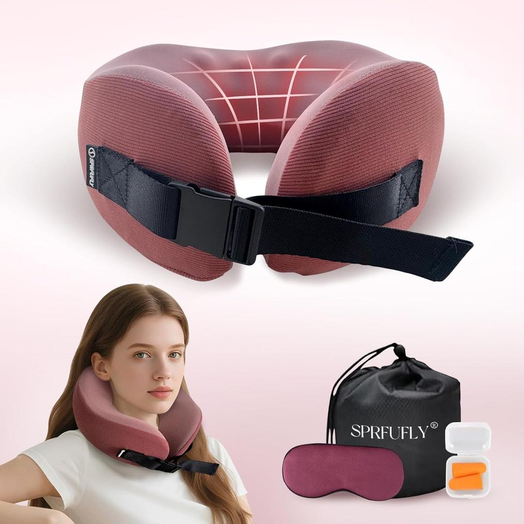 SPRFUFLY Super Soft Travel Pillow, 100% Memory Airplane Pillow with Sleep Mask and Ear Plugs, Breathable Removable Cover & Ergonomic Design - Essentials Neck Pillow for Airplane, Office & Home Use (Pink)