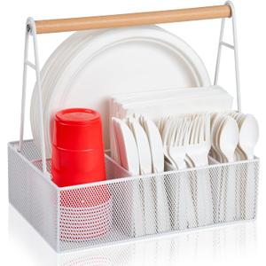 Paper Plate Organizer with Handle for Countertop, Metal Silverware Caddy for Cup, Napkin, Fork and Spoon, Paper Plate and Utensil Holder, Cutlery Caddy for Party, Camping, Picnic (White)