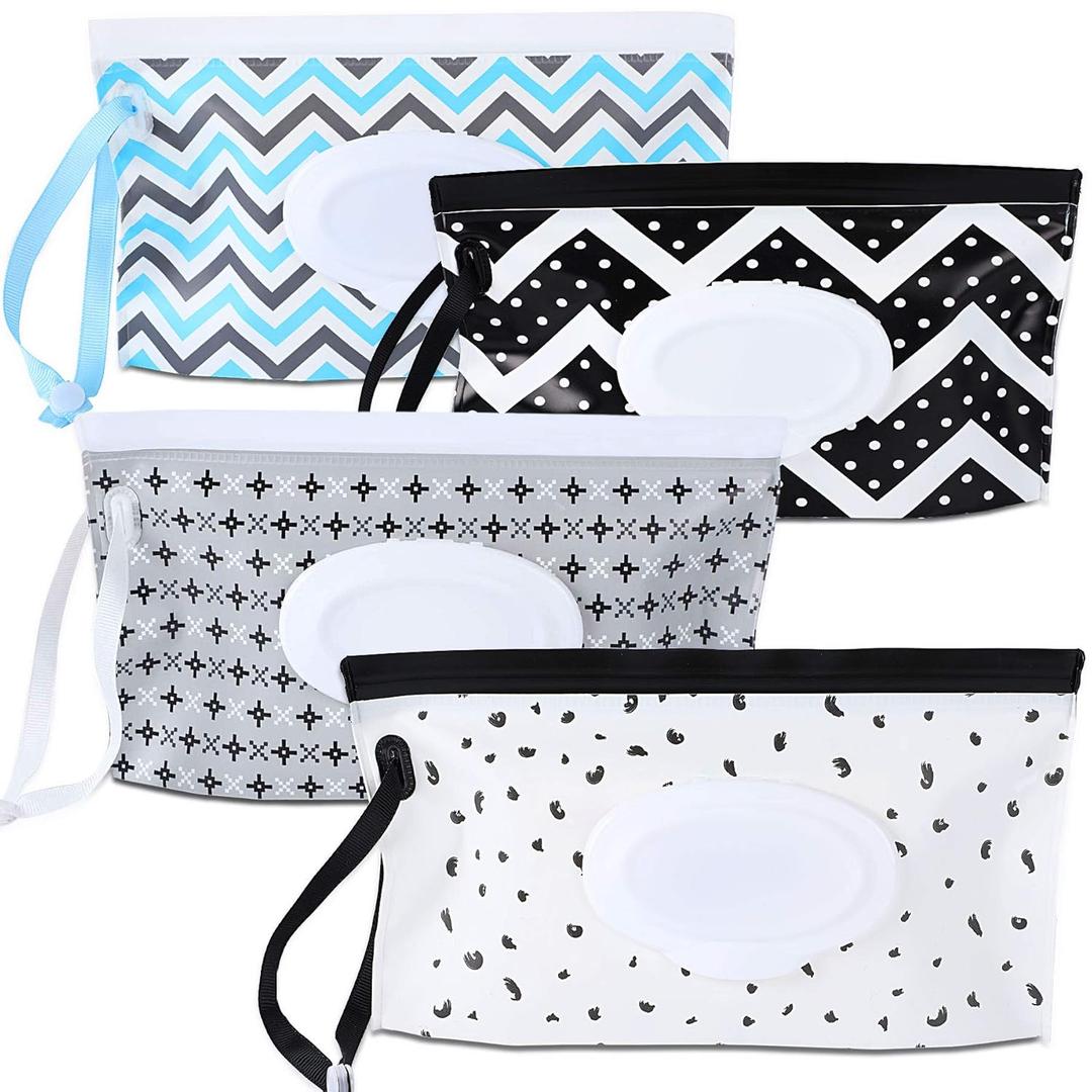 FEBSNOW 4 Pack Baby Wipe Dispenser, Portable Refillable Wipe Holder, Baby Wipes Container, Wipe Dispenser, Reusable Travel Wet Wipe Pouch (Geometric)