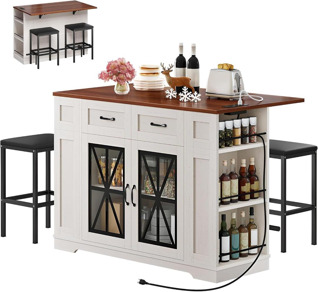 YITAHOME Kitchen Island with Seating, 47 Inch Mobile Storage Island with Drop Leaf, Rolling Islands Table with Power Outlet & Spice Rack, 2 Upholstered Stools and Footrest, for Dining Room, Off White, 35" x 48" x26"