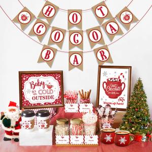 Hot Cocoa Bar Supplies Christmas Hot Cocoa Bar Banner Snowflake Red Hot Chocolate Bar Sign Toppings Labels Cup Tags Stickers for Winter Birthday Baby Shower Baby Its Cold Outside Party Decorations