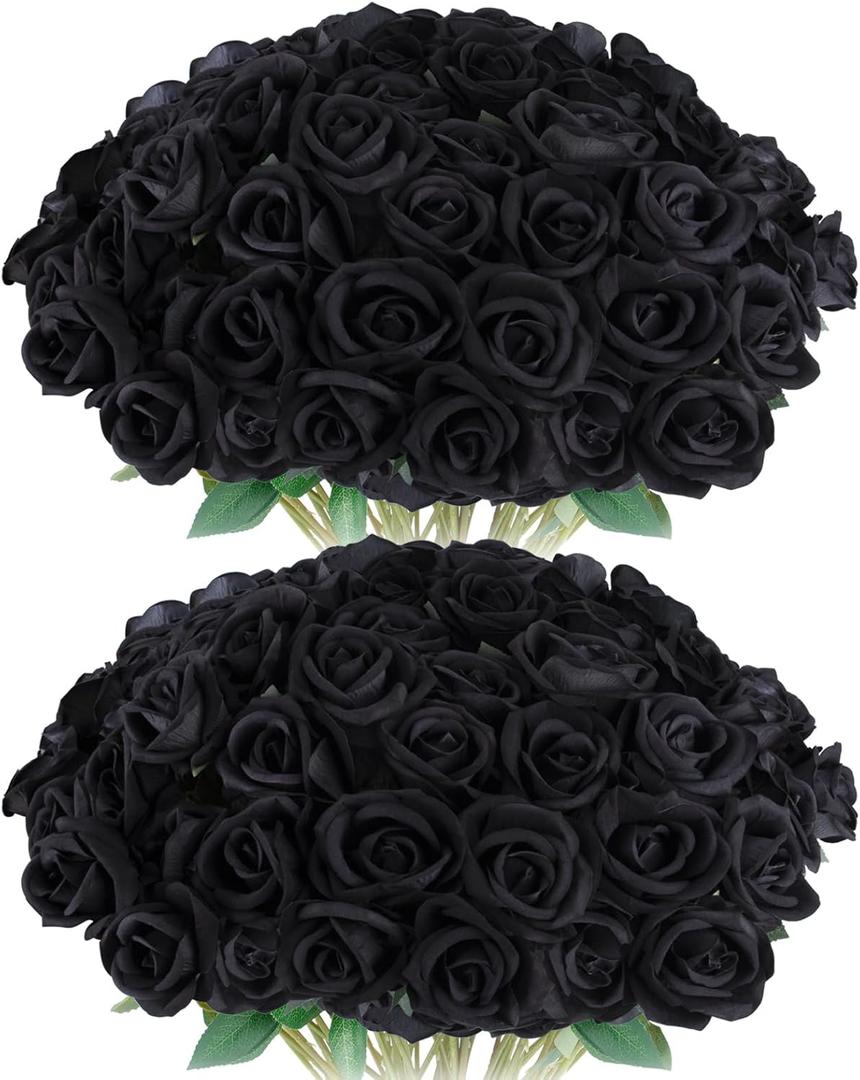 Black Roses Artificial Flowers 50 Pack in Bulk, Fake Roses Flowers Realistic Roses for Halloween Gothic Wedding Home Party Decoration Event Gift (Black)