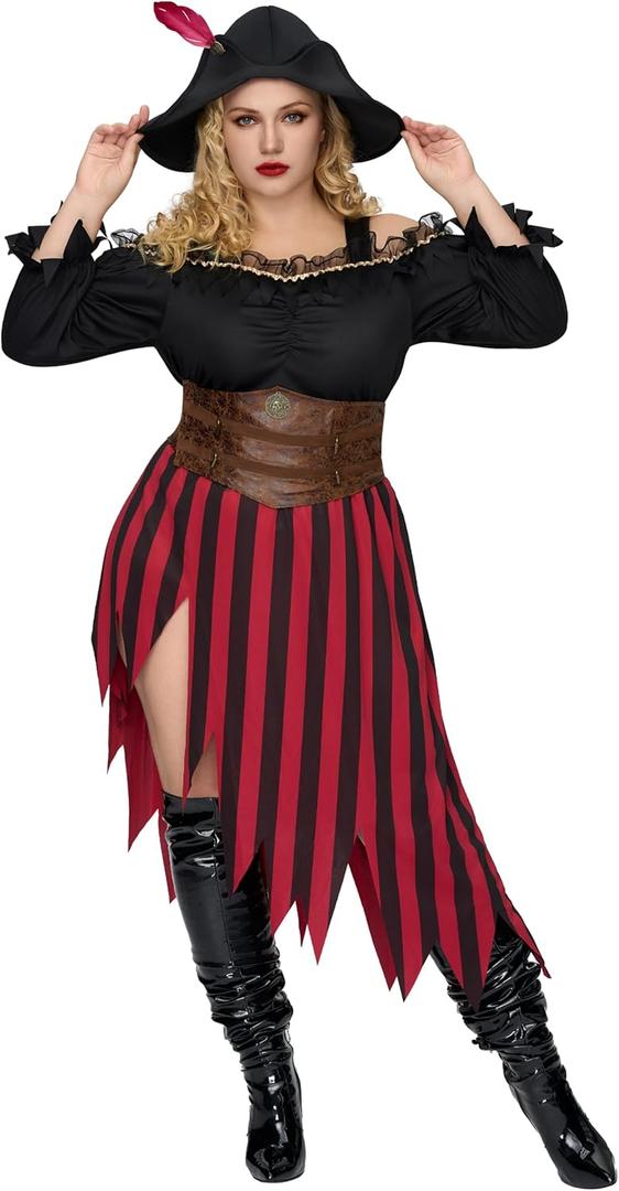 Spooktacular Creations Plus Size Pirate Costume Women Halloween Costumes with Pirate Hat for Halloween Cosplay Parties (3X-Large)