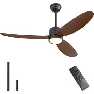 WINGBO 52" Outdoor Ceiling Fans with Lights, Wet Rated Waterproof Indoor Ceiling Fan with Remote, 3 ABS Blades Modern Ceiling Fan, 3CCT Quiet 6-Speed DC Motor, for Porch Patio Bathroom, Black+Walnut