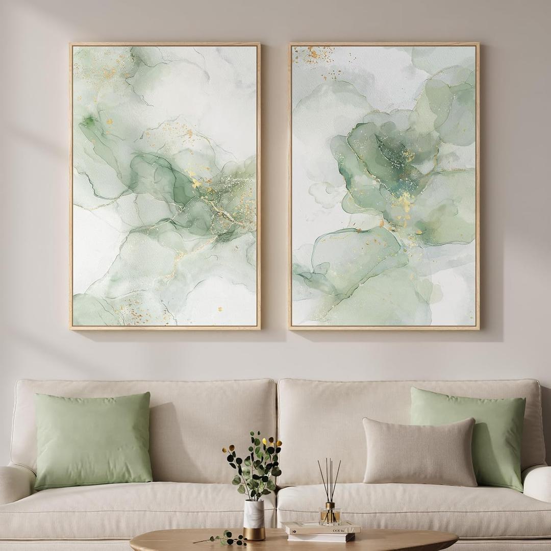 Framed Sage Green Abstract Wall Art Set of 2 for Living Room, Large Modern Neutral Gold White Canvas Print Artwork for Walls, Minimalist Nordic Rustic Farmhouse Wall Decor for Bedroom Office, 24x36 In