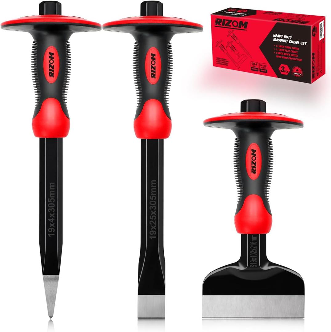 Rizom Chisel Set with Hand Protection, 3 Pcs Stone and Rock Chisel, Heavy Duty Masonry Tools including 11-Inch Point and Flat, 8-Inch Brick