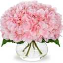 Hollyone Hydrangea Artificial Flowers with Glass Vase Pink Silk Faux Flowers Arrangements with Clear Faux Water Fake Floral Bulk Bouquet for Home Decor Table Centerpiece Decorations