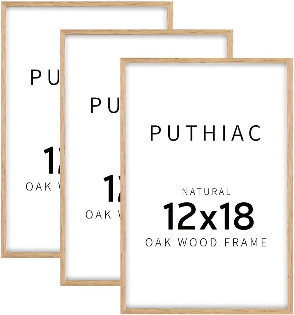 puthiac 12x18 Solid Oak Wood Picture Frame, Fits 8x12 with Mat or 12x18 Without Mat, Wall Display Only, Vertical or Horizontal, Plexi Front, 3 Pack, Natural Oak