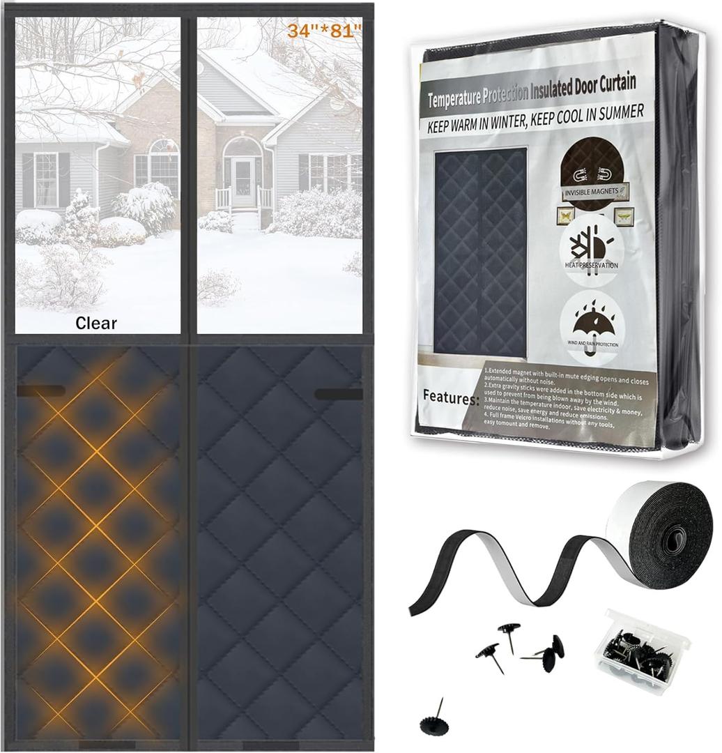 Magnetic Thermal Insulated Door Curtain Transparent Top Part 34''*81'', Thermal Door Cover Blanket for Winter ,Automatically Closes Entering Or Exiting (Gray, Fit Door Size 32''x80'')
