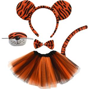 5 Pieces Kids Girls Tiger Costume Set Tiger Ear Headband Tail Nose Bow Tie Tutu Skirt for Halloween Cosplay Party