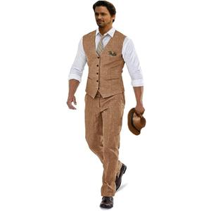 Furuyal Linen Suits for Men Casual Wedding Suits Men 2 Piece Suits Groomsmen Tuxedos Summer Beach Prom Vest and Pants Set (XX-Large, Khaki)