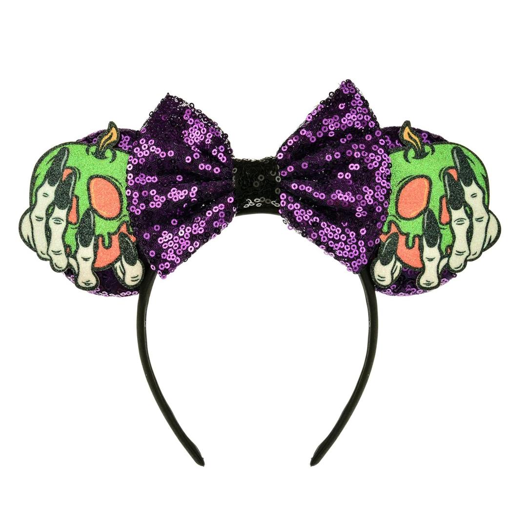 A Miaow Halloween Mouse Ears Headband Pumpkin Ghost Skull Poison Apple Hair Hoop Sparkly Bow Headpiece Costume for Women (Poison Apple and Purple)