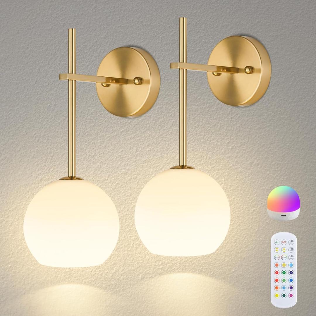 Rayspan Gold Battery Operated Wall Sconces Set of 2, Wireless Rechargeable Wall Light Fixtures for Home Decor, 12 RGB and 3CCT Dimmable Wall Lamps with Remote for Bedroom Living Room Hallway