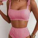 Herseas Women's Tie Shoulder Bikini Sets 2 Piece Striped Swimsuits High Waisted Bathing Suits (Red, L)