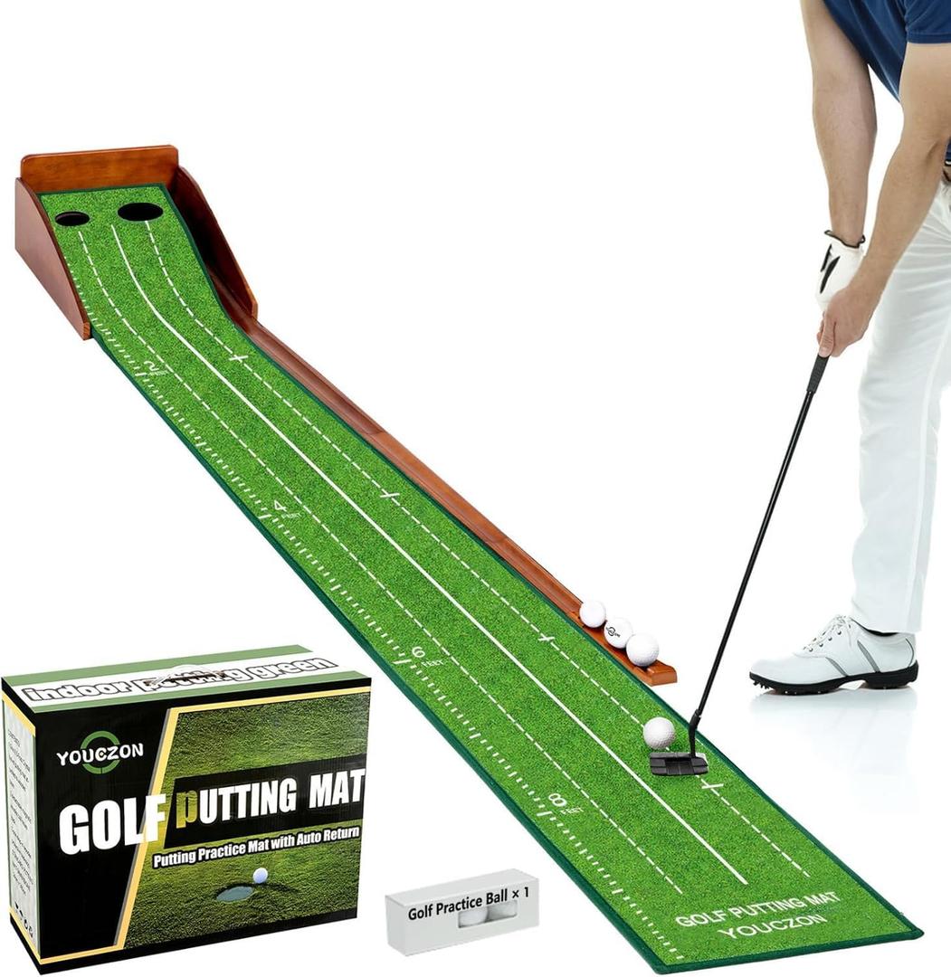 YOUCZON Putting Green Indoor,Golf Putting Mat with Auto Ball Return,Premium Crystal Velvet Surface, Practice Putting mat, Perfect Training Aid & Gift for Golf Lovers Christmas (Green two holes)