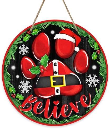 Deroro Christmas Believe Dog Paw Front Door Sign, Xmas Wood Door Hanger Outdoor Outside Porch Decor Pet Lover Gifts, Funny Winter Holiday Wooden Wreath Indoor Wall Hanging Decoration 2Pack