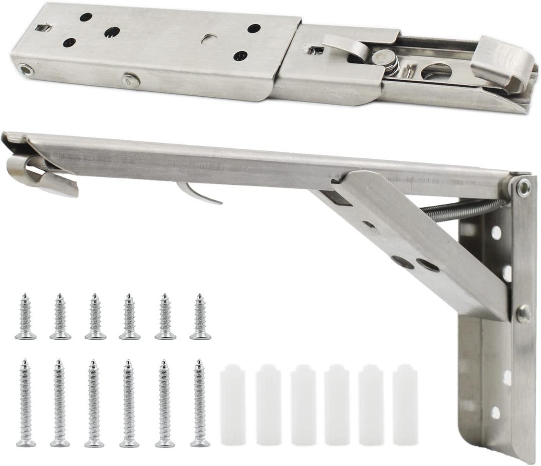 2PCS Folding Shelf Brackets, TTZEZE Heavy Duty Sturdy Metal Collapsible Triangle Shelf Bracket, Adjustable DIY Wall Mounted Folding Table Hinge, Space Saving for Bench Table with Screws (8'' Silver)
