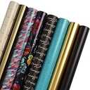 LaRibbons Black Christmas Wrapping Paper Rolls with Cutlines, 30Inch × 10Feet, 8 Rolls: 200 sq.ft.ttl, Matte Gold Black and Stripes Jewel Gift Wrap Bundle for Christmas, Holiday, Season Party