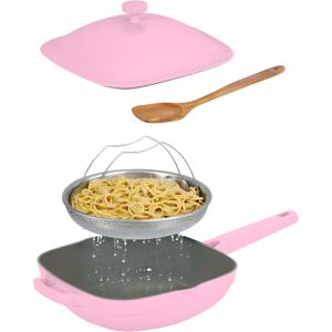 11" Square Ceramic Nonstick Frying Pan with Lid & Steamer Basket – Deep Saute Pan Skillet, PFAS-Free Non Toxic Cast Aluminum, Induction Compatible, Dishwasher Safe, Pink