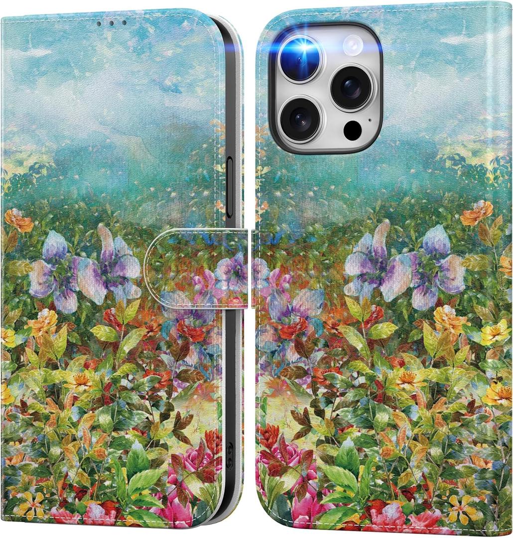 DEENAKIN for iPhone 14 Pro Wallet Case with Card Holder + Cash Clip, RFID-Blocking, Military-Grade Drop Protection & UV-Printed Artwork, Magnetic Closure with Leather Stand - Vivid Flowers Painting